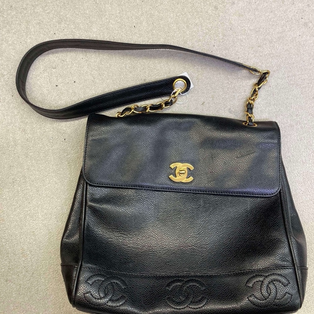 Pre- loved Chanel 1996-97 Black Caviar Leather Triple CC Shoulder bag.